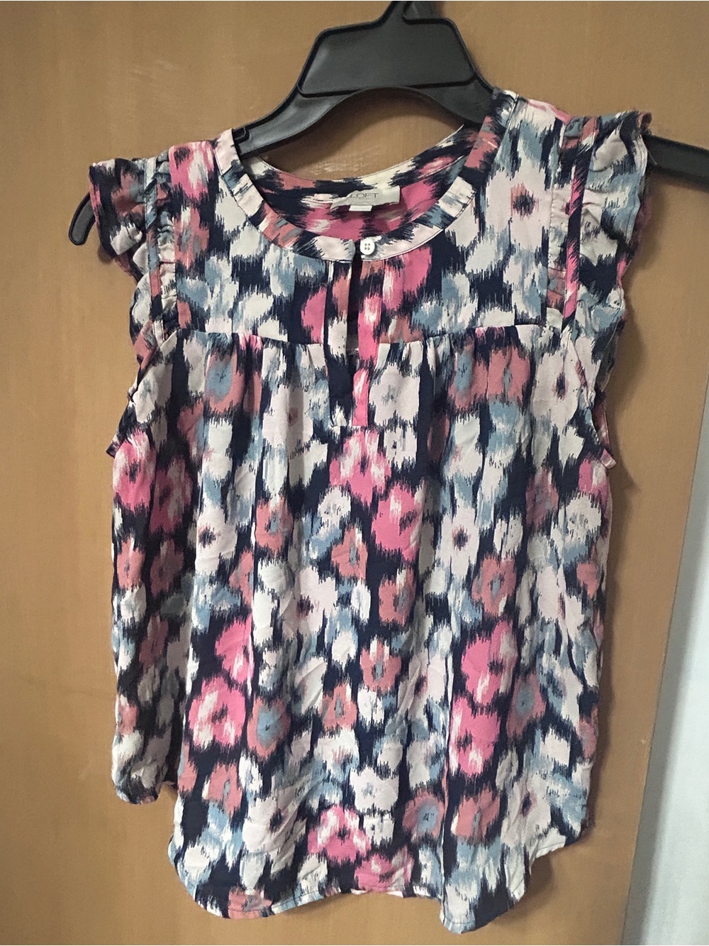LOFT Pink and Blue Floral Ruffle Sleeveless Top